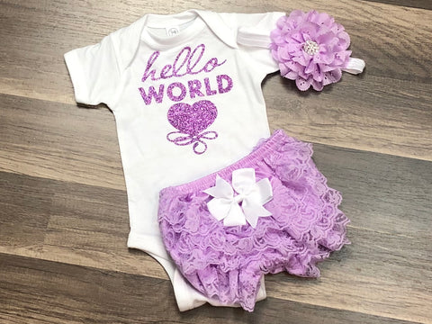 Lavender Hello World Newborn Outfit - Paisley Bows