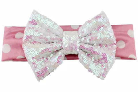 Pink And White Sequin Bow Headband - Paisley Bows