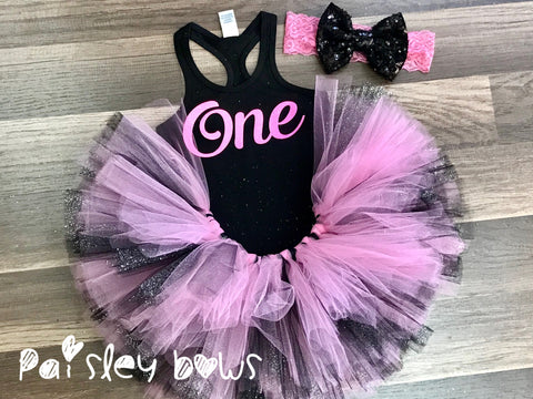 Pink And Black First Birthday Racer Back Tank - Paisley Bows
