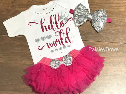 Hot Pink Hello World Infant Outfit - Paisley Bows