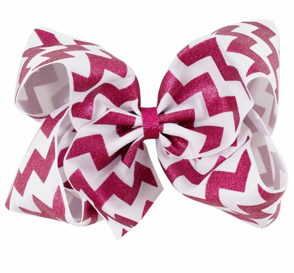 8 Inch Pink and White Chevron Hair Bow - Paisley Bows