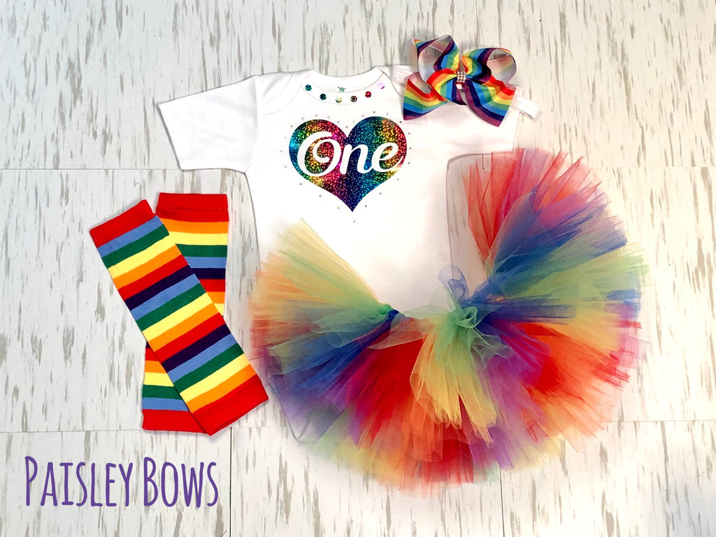 Rainbow Heart First Birthday Tutu Outfit - Paisley Bows