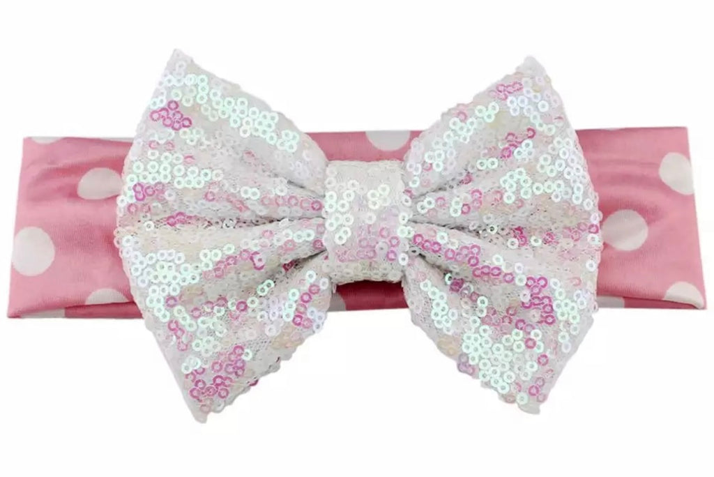Pink And White Sequin Bow Headband - Paisley Bows
