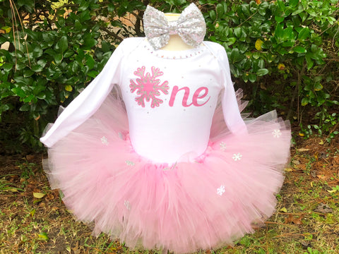 Pink Snowflake First Birthday - Paisley Bows