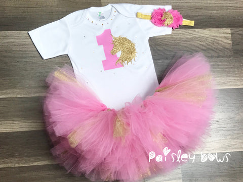 Pink And Gold Unicorn First Birthday Tutu Set - Paisley Bows