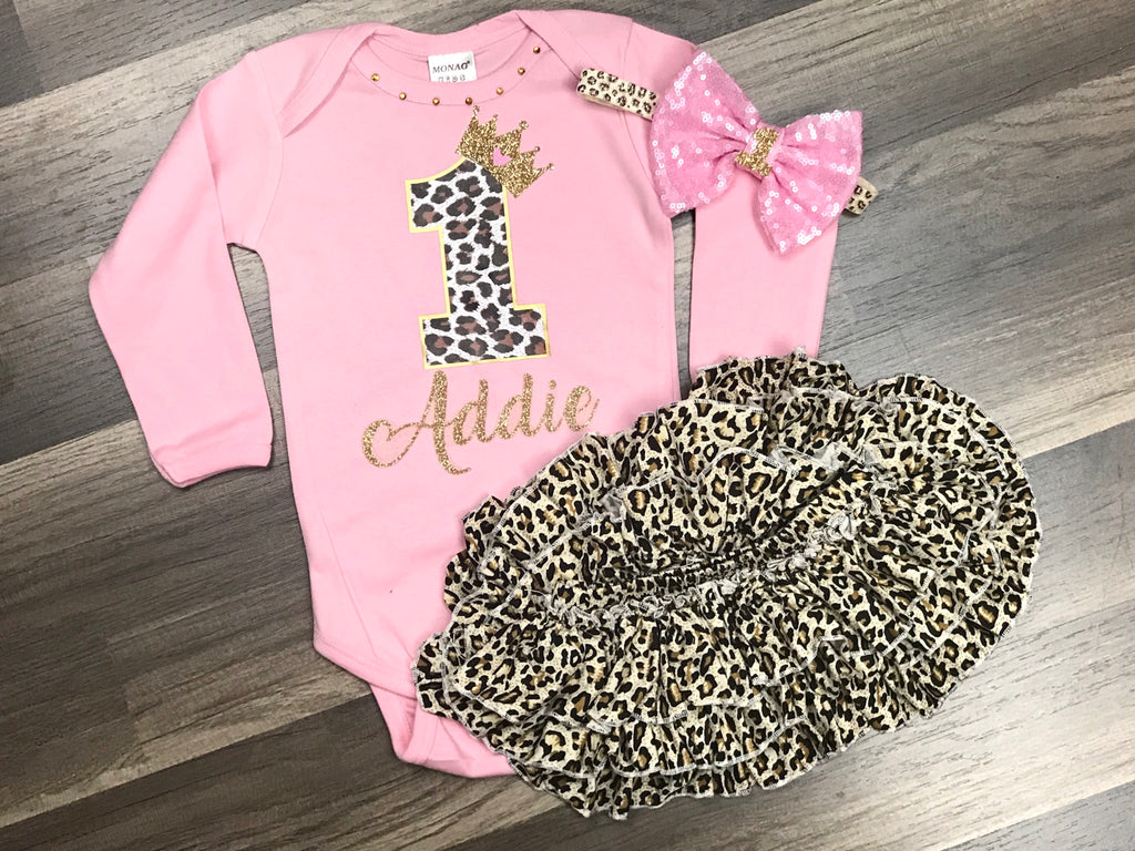 Pink and Leopard 1st Birthday Outfit - Paisley Bows
