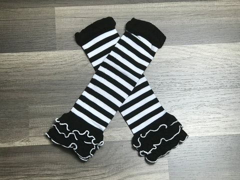 Black And White Stripe Ruffle Leg Warmers - Paisley Bows
