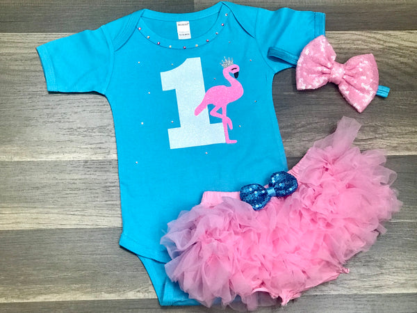 Flamingo First Birthday Outfit - Paisley Bows