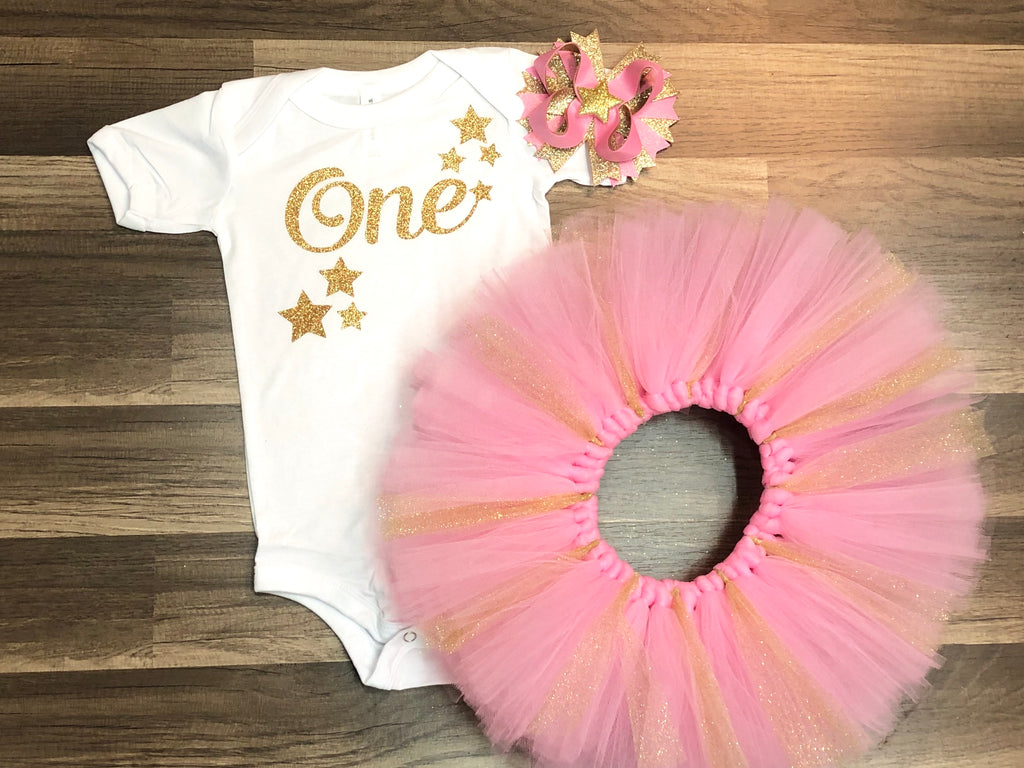 Pink And Gold Star 1st Birthday Tutu Outfit - Paisley Bows