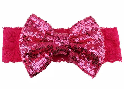 Hot Pink Lace Big Sequin Bow Headband - Paisley Bows
