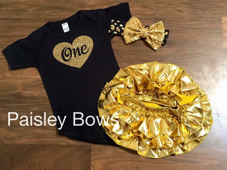 Black And Gold First Birthday Set - Paisley Bows