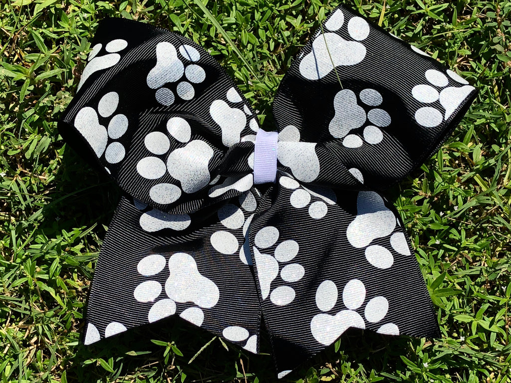 Black and White Glitter Paw Print Cheer Bow - Paisley Bows