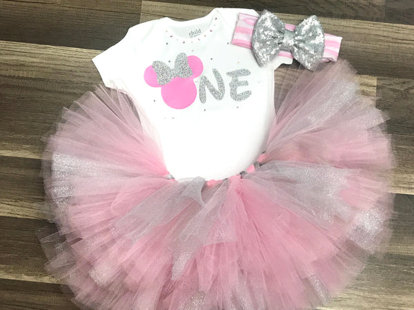 Pink and silver Minnie Mouse Birthday Tutu Set - Paisley Bows