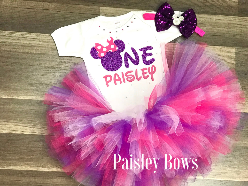 Pink And Purple Minnie First Birthday Tutu Outfit - Paisley Bows
