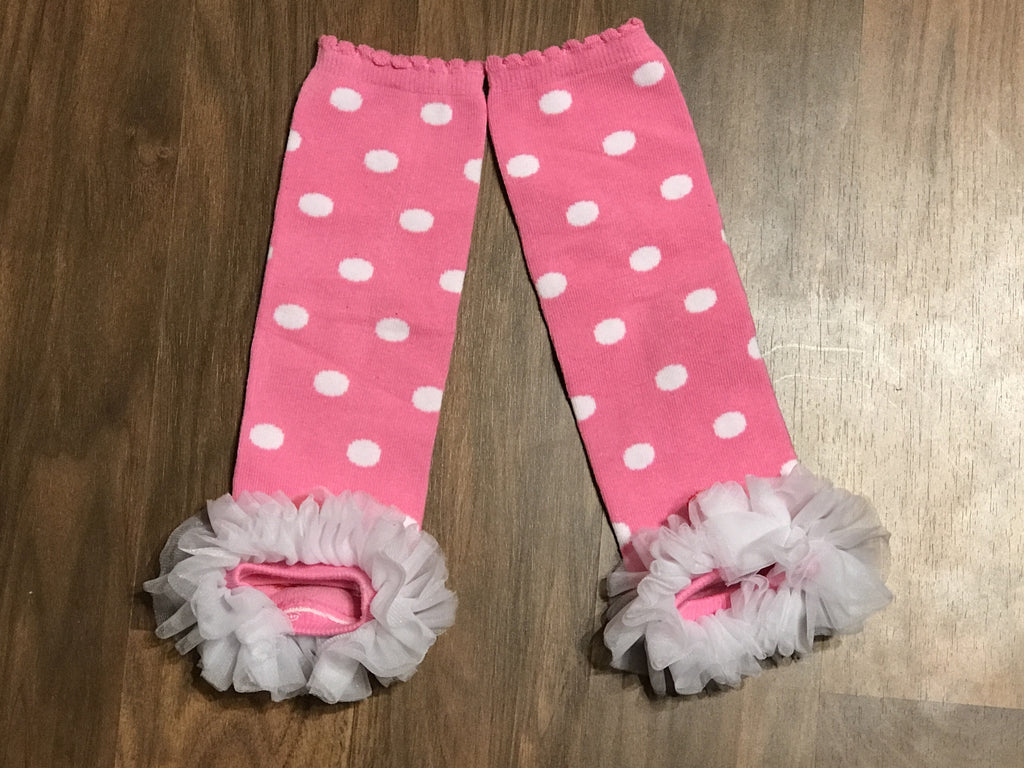 Pink and white polka dot chiffon ruffle leg warmers - Paisley Bows