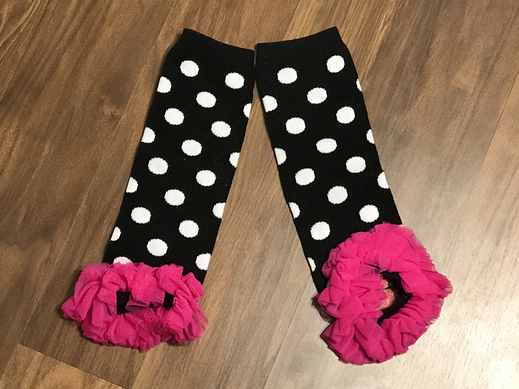 Black and white polka dot leg warmers with pink ruffle - Paisley Bows