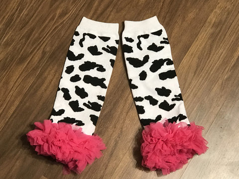 Cow Print Leg Warmers with Pink Ruffle - Paisley Bows