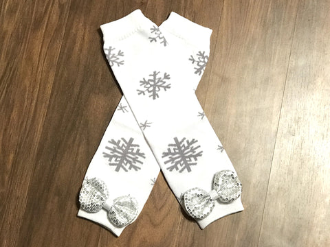 Silver and white snowflake leg warmers - Paisley Bows