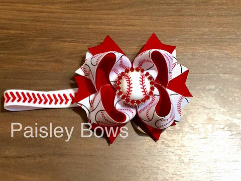 Baseball Stacked Bow Or Headband - Paisley Bows