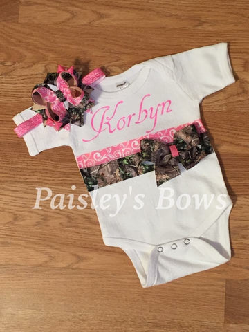 Personalized Camo Onesie and Headband - Paisley Bows