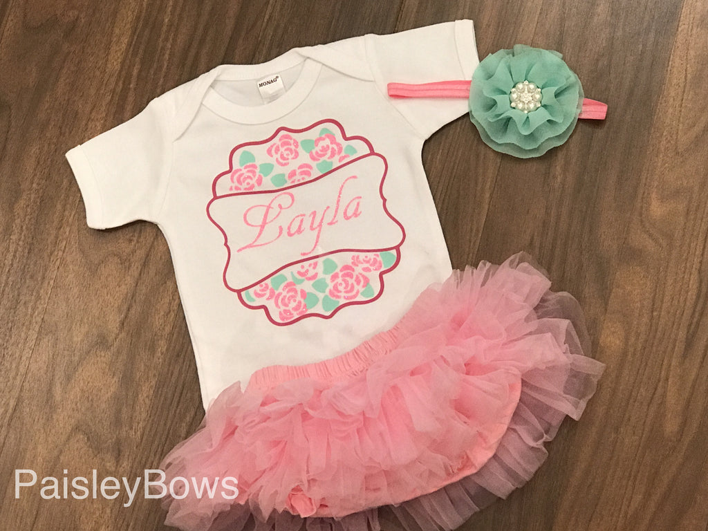 Personalized Pink Floral Bodysuit or Set - Paisley Bows