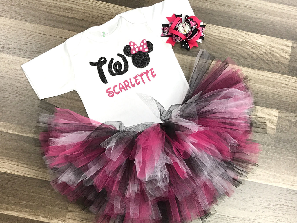 Pink and Black Minnie Mouse 2nd Birthday Tutu Outfit - Paisley Bows