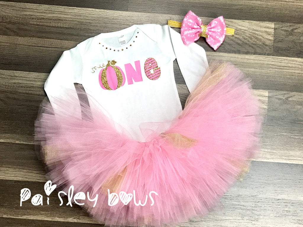 Pink and Gold Pumpkin Birthday Tutu Outfit - Paisley Bows