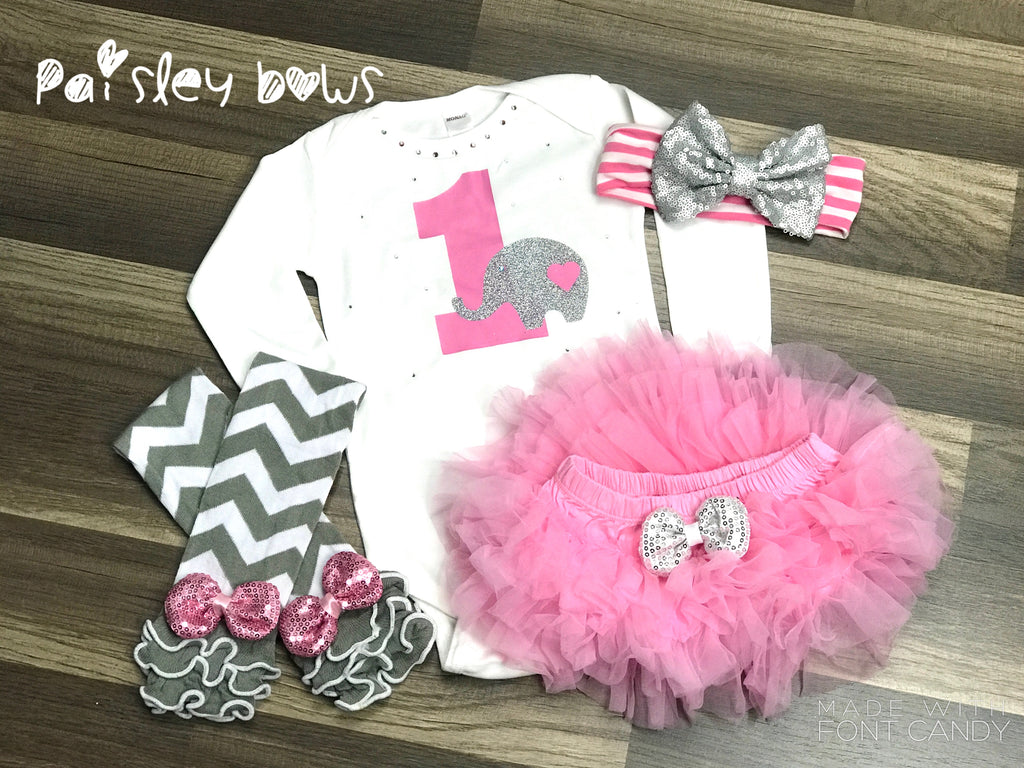Pink and Silver Elephant Birthday Outfit - Paisley Bows